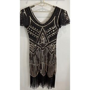 FunDaisy Black Gold Short Sleeve Fringe Flapper Sequin Beaded Midi Dress M